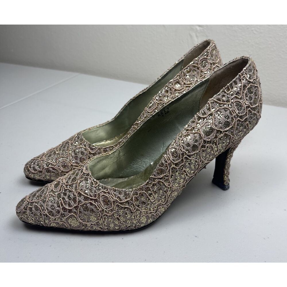 I. Renee Y2K Glitter Lace Heels Women’s 7M | Vintage Gold Sparkle Pumps